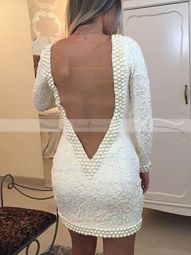 A-line V-neck Lace Short/Mini Homecoming Dresses With Pearl Detailing #Favs020109055