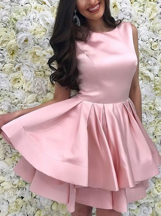 A-line Scoop Neck Satin Short/Mini Homecoming Dresses With Tiered #Favs020109253