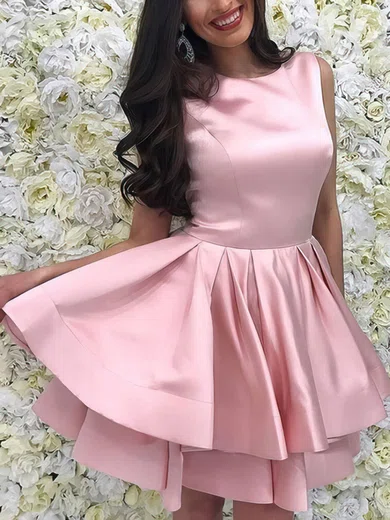 A-line Scoop Neck Satin Short/Mini Homecoming Dresses With Tiered #Favs020109253