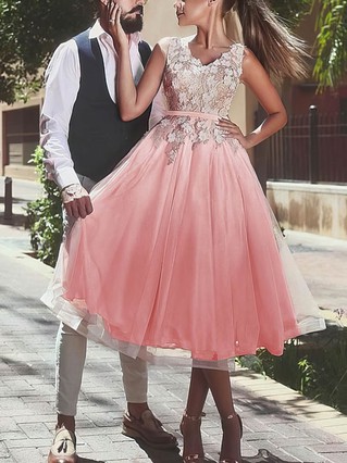 A-line V-neck Tulle Short/Mini Homecoming Dresses With Lace Appliques Lace Sashes / Ribbons #Favs020109057 A-line V-neck Tulle Short/Mini Homecoming Dresses With Lace Appliques Lace Sashes / Ribbons #Favs020109057