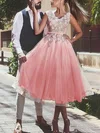 A-line V-neck Tulle Short/Mini Homecoming Dresses With Lace Appliques Lace Sashes / Ribbons #Favs020109057