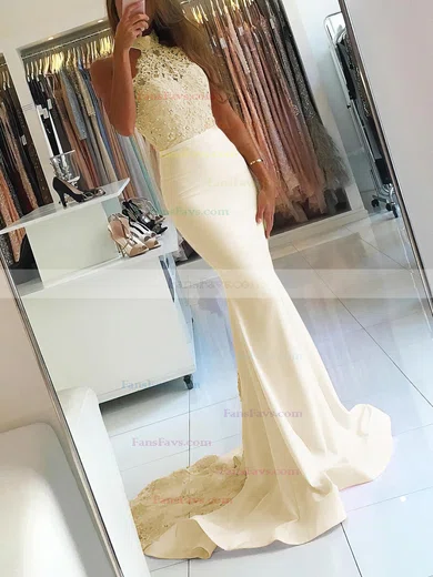 Trumpet/Mermaid Halter Jersey Sweep Train Appliques Lace Prom Dresses #Favs020104945