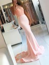 Trumpet/Mermaid Halter Jersey Sweep Train Appliques Lace Prom Dresses #Favs020104945