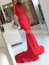 Trumpet/Mermaid Halter Jersey Sweep Train Appliques Lace Prom Dresses #Favs020104945