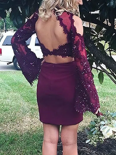 Sheath/Column Scoop Neck Lace Stretch Crepe Short/Mini Homecoming Dresses With Appliques Lace #Favs020109254