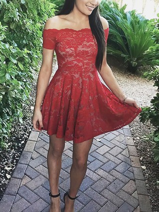 A-line Off-the-shoulder Lace Short/Mini Homecoming Dresses #Favs020109058