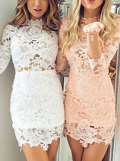 Sheath/Column High Neck Lace Short/Mini Homecoming Dresses With Lace #Favs020109060