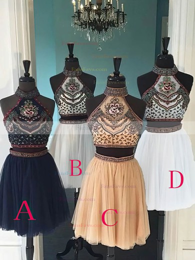 A-line Halter Tulle Short/Mini Homecoming Dresses With Lace Appliques Lace Sashes / Ribbons #Favs020109061