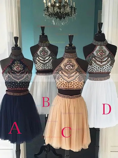 A-line Halter Tulle Short/Mini Homecoming Dresses With Lace Appliques Lace Sashes / Ribbons #Favs020109061