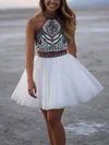 A-line Halter Tulle Short/Mini Homecoming Dresses With Lace Appliques Lace Sashes / Ribbons #Favs020109061
