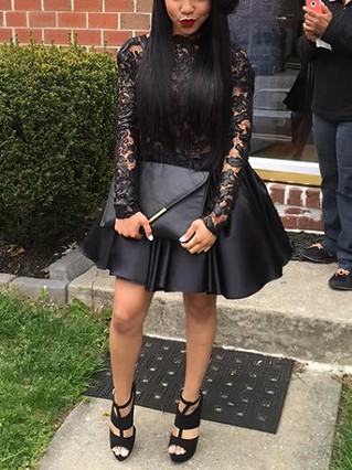 A-line High Neck Lace Silk-like Satin Short/Mini Homecoming Dresses With Lace Appliques Lace #Favs020109063 A-line High Neck Lace Silk-like Satin Short/Mini Homecoming Dresses With Lace Appliques Lace #Favs020109063