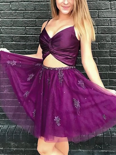 A-line V-neck Lace Tulle Short/Mini Homecoming Dresses With Beading Appliques Lace #Favs020109261