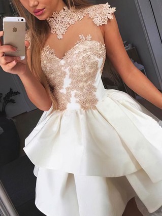 A-line High Neck Satin Short/Mini Homecoming Dresses With Lace Appliques Lace #Favs020109067 A-line High Neck Satin Short/Mini Homecoming Dresses With Lace Appliques Lace #Favs020109067