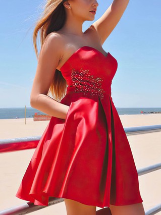 A-line Strapless Satin Short/Mini Homecoming Dresses With Pockets #Favs020109265