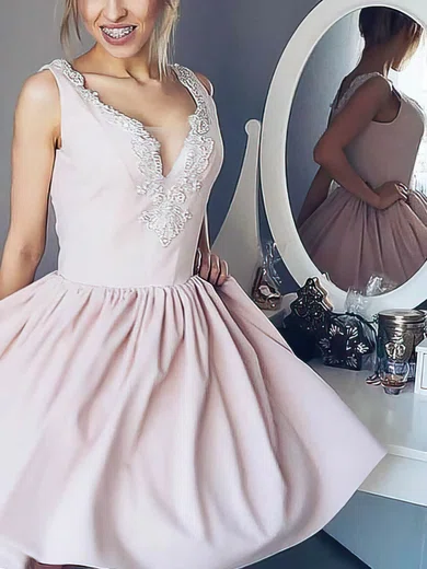 A-line V-neck Stretch Crepe Short/Mini Homecoming Dresses With Appliques Lace #Favs020109271