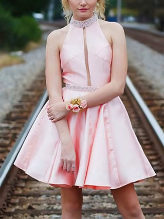 A-line High Neck Satin Short/Mini Homecoming Dresses With Beading #Favs020109272 A-line High Neck Satin Short/Mini Homecoming Dresses With Beading #Favs020109272