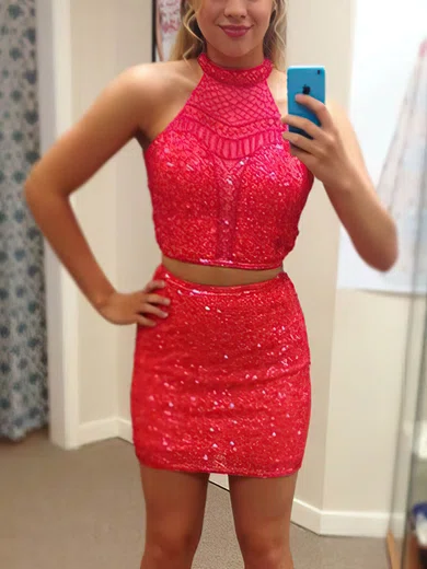Sheath/Column High Neck Sequined Short/Mini Homecoming Dresses #Favs020109073