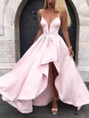 A-line V-neck Satin Asymmetrical Prom Dresses With Split Front #Favs020109274