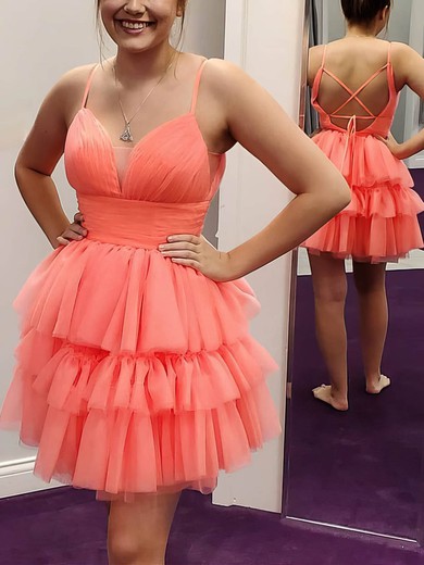 A-line V-neck Tulle Short/Mini Homecoming Dresses With Tiered #Favs020109277