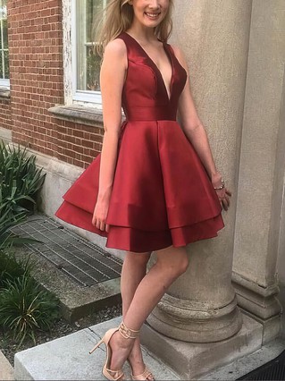 A-line V-neck Satin Short/Mini Homecoming Dresses #Favs020109279 A-line V-neck Satin Short/Mini Homecoming Dresses #Favs020109279