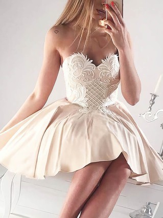 A-line Sweetheart Silk-like Satin Short/Mini Homecoming Dresses With Lace Appliques Lace #Favs020109081 A-line Sweetheart Silk-like Satin Short/Mini Homecoming Dresses With Lace Appliques Lace #Favs020109081