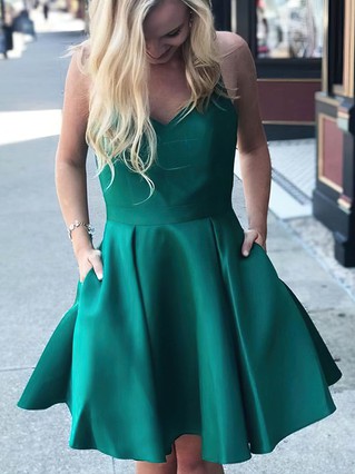 A-line V-neck Satin Short/Mini Homecoming Dresses With Bow Pockets #Favs020109280 A-line V-neck Satin Short/Mini Homecoming Dresses With Bow Pockets #Favs020109280