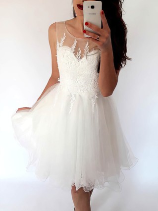 A-line Scoop Neck Tulle Short/Mini Homecoming Dresses With Lace Appliques Lace #Favs020109082 A-line Scoop Neck Tulle Short/Mini Homecoming Dresses With Lace Appliques Lace #Favs020109082
