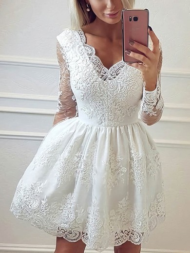 A-line V-neck Tulle Short/Mini Homecoming Dresses With Lace Appliques Lace #Favs020109085
