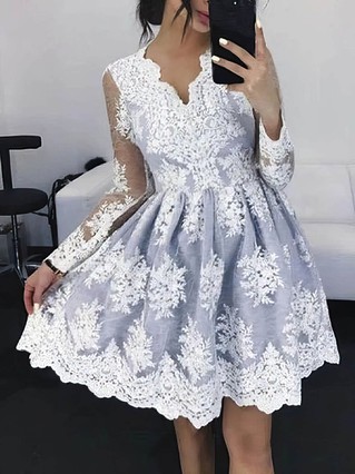 A-line V-neck Tulle Short/Mini Homecoming Dresses With Lace Appliques Lace #Favs020109086 A-line V-neck Tulle Short/Mini Homecoming Dresses With Lace Appliques Lace #Favs020109086