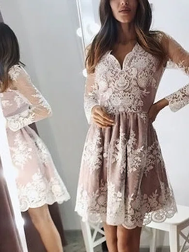 A-line V-neck Tulle Short/Mini Homecoming Dresses With Lace Appliques Lace #Favs020109087