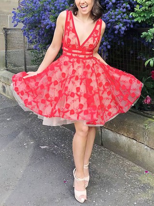 A-line V-neck Lace Short/Mini Homecoming Dresses With Lace #Favs020109089 A-line V-neck Lace Short/Mini Homecoming Dresses With Lace #Favs020109089