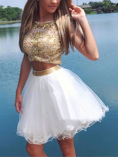 A-line Scoop Neck Tulle Short/Mini Homecoming Dresses With Beading #Favs020109090