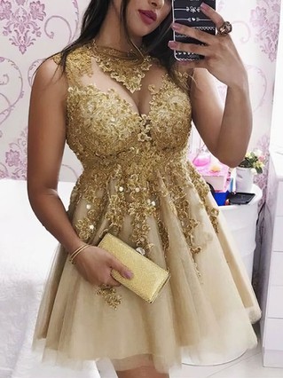 A-line High Neck Tulle Short/Mini Homecoming Dresses With Lace Appliques Lace #Favs020109091 A-line High Neck Tulle Short/Mini Homecoming Dresses With Lace Appliques Lace #Favs020109091