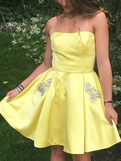 A-line Strapless Satin Short/Mini Homecoming Dresses With Beading #Favs020109292