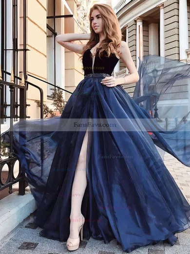 A-line V-neck Organza Velvet Sweep Train Beading Prom Dresses #Favs020105016