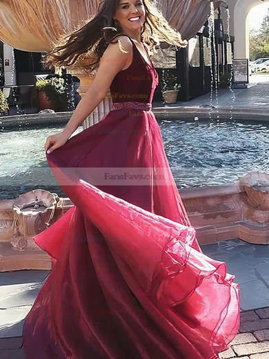 A-line V-neck Organza Velvet Sweep Train Beading Prom Dresses #Favs020105016