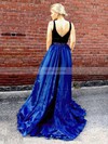 A-line V-neck Organza Velvet Sweep Train Beading Prom Dresses #Favs020105016