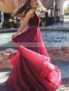 A-line V-neck Organza Velvet Sweep Train Beading Prom Dresses #Favs020105016