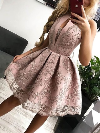 A-line High Neck Tulle Short/Mini Homecoming Dresses With Lace Appliques Lace #Favs020109097 A-line High Neck Tulle Short/Mini Homecoming Dresses With Lace Appliques Lace #Favs020109097