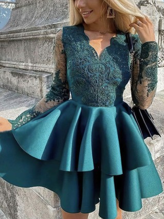 A-line V-neck Satin Short/Mini Homecoming Dresses With Lace Appliques Lace #Favs020109102 A-line V-neck Satin Short/Mini Homecoming Dresses With Lace Appliques Lace #Favs020109102