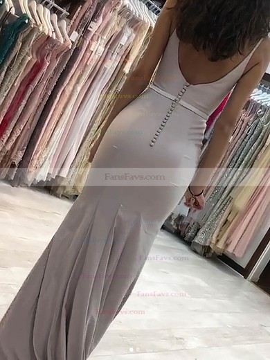 Sheath/Column V-neck Silk-like Satin Sweep Train Appliques Lace Prom Dresses #Favs020105020
