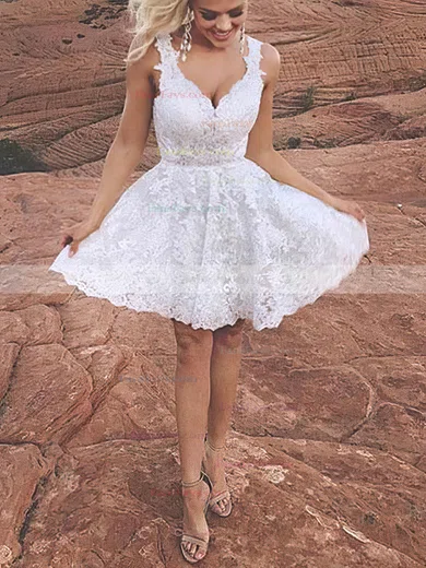 A-line V-neck Lace Short/Mini Homecoming Dresses With Lace #Favs020109106