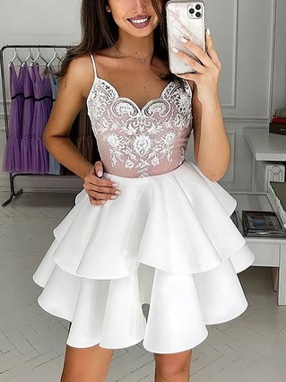 A-line V-neck Satin Short/Mini Homecoming Dresses With Lace Appliques Lace Cascading Ruffles #Favs020109108 A-line V-neck Satin Short/Mini Homecoming Dresses With Lace Appliques Lace Cascading Ruffles #Favs020109108
