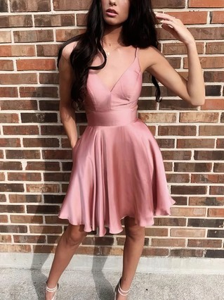 A-line V-neck Silk-like Satin Short/Mini Homecoming Dresses With Pockets #Favs020109308