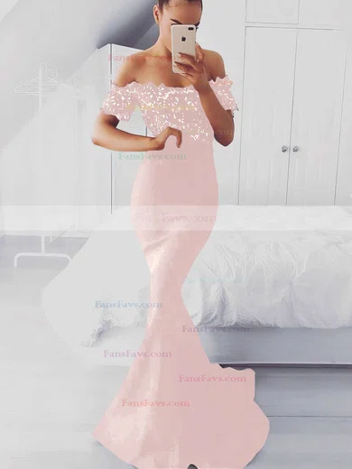 Trumpet/Mermaid Off-the-shoulder Silk-like Satin Sweep Train Appliques Lace Prom Dresses #Favs020105022