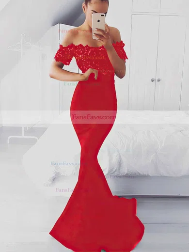 Trumpet/Mermaid Off-the-shoulder Silk-like Satin Sweep Train Appliques Lace Prom Dresses #Favs020105022