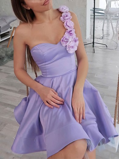 A-line One Shoulder Satin Short/Mini Homecoming Dresses With Flower(s) #Favs020109309