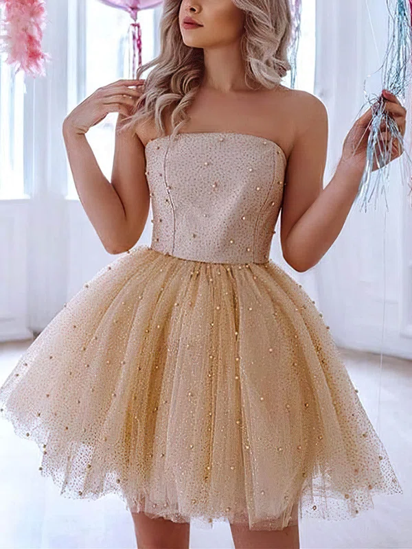 A-line Strapless Tulle Short/Mini Homecoming Dresses With Beading #Favs020109112