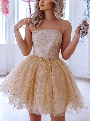 A-line Strapless Tulle Short/Mini Homecoming Dresses With Beading #Favs020109112 A-line Strapless Tulle Short/Mini Homecoming Dresses With Beading #Favs020109112