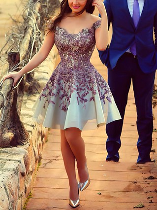 A-line Off-the-shoulder Chiffon Short/Mini Homecoming Dresses With Lace Appliques Lace #Favs020109115